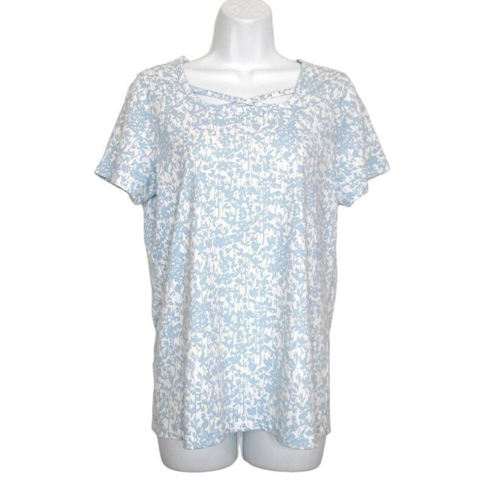 Coral Bay Top‎ Small Blue White Short Sleeve Scoop Neck Floral Studded Knit